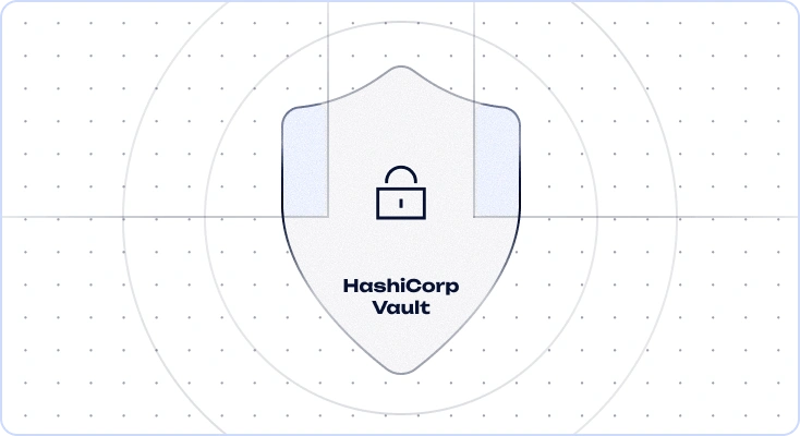 Щит с изображением открытого замка и надписью HashiCorp Vault на фоне точек и концентрических кругов.